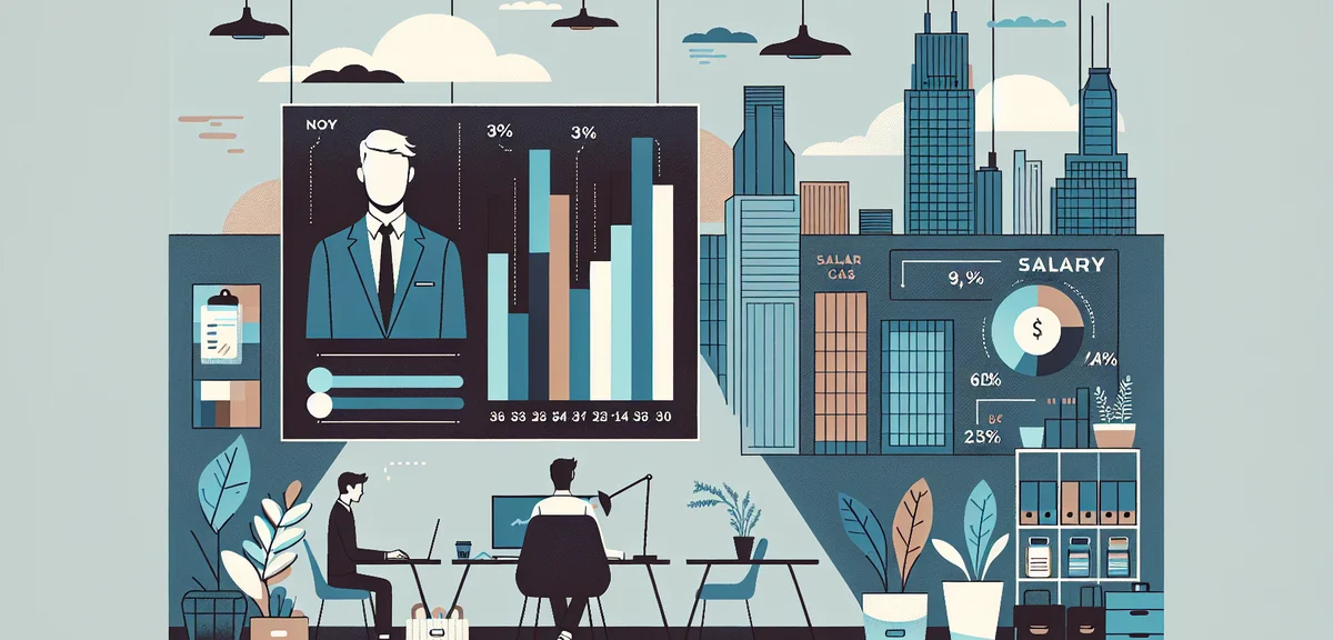 A simple bar chart comparing salary increase vs decrease percentages, clean infographic style with n