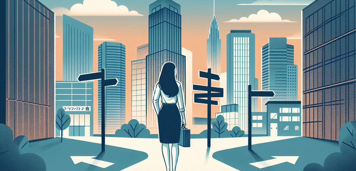 A person at a crossroads with two paths - one leading to a tall building, another to a smaller but w