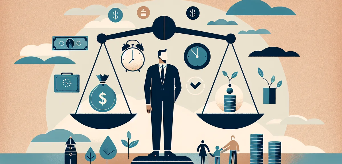 A balance scale with money on one side and work-life balance icons (clock, family, growth) on the ot