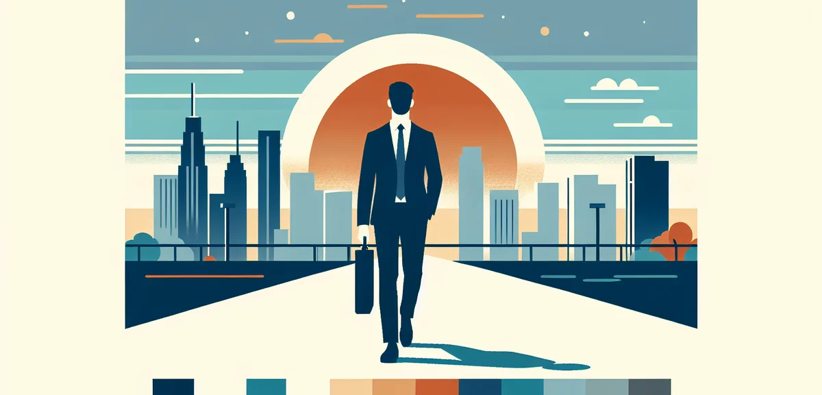 A person confidently walking forward on a path with a city skyline in the background, warm sunrise c