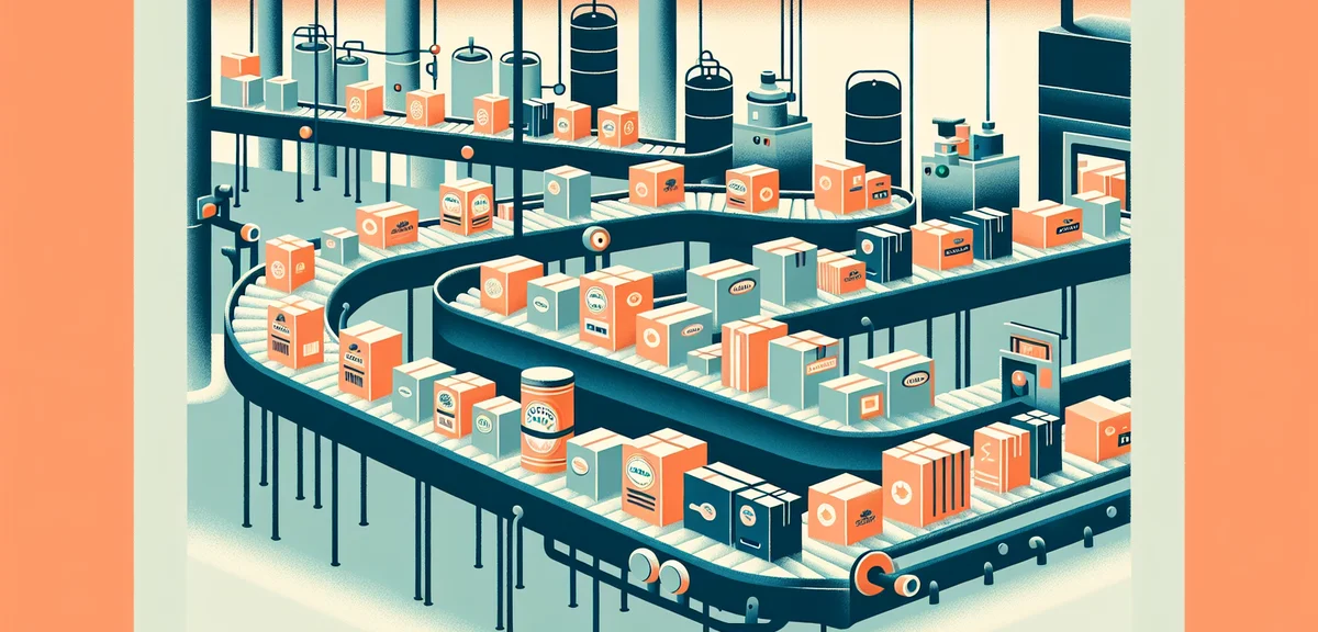 A flat illustration of various food product packages on a conveyor belt in a clean factory setting, 