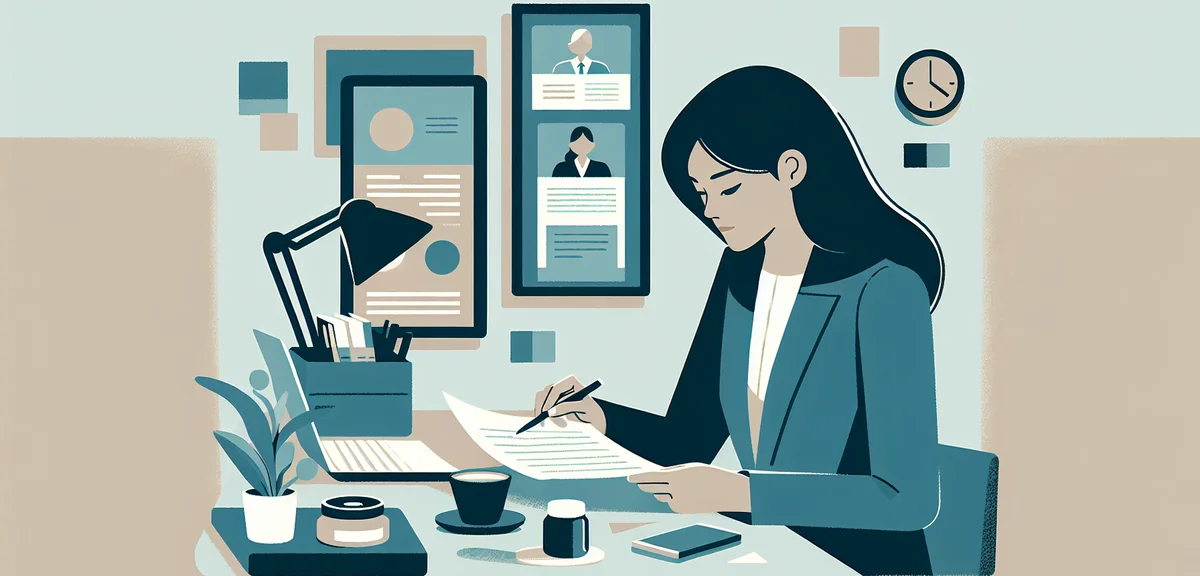 A flat illustration of a person reviewing documents at a desk with a laptop, a small food product sa