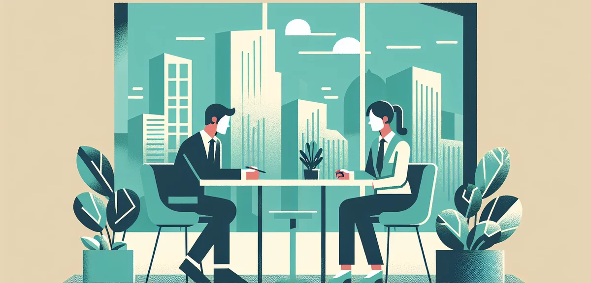 A flat illustration of two people in a friendly job interview setting, one seated behind a desk and 