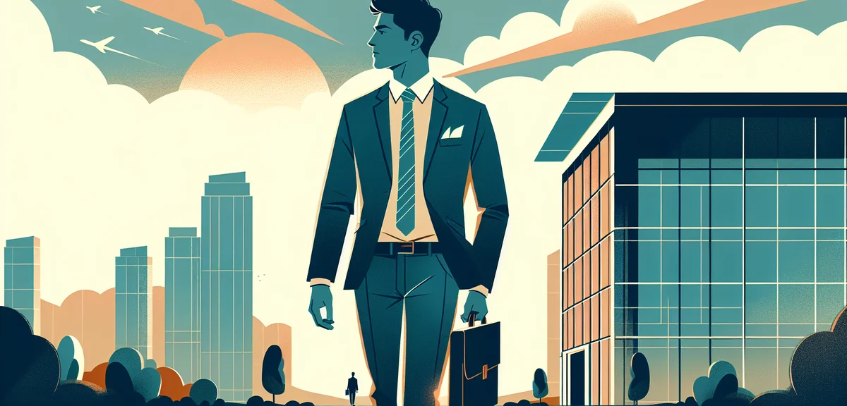 A flat illustration of a person confidently walking toward a modern building entrance carrying a bri