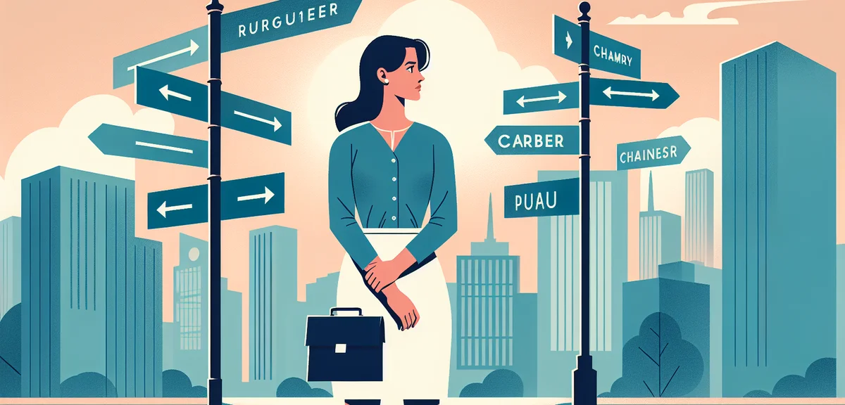 A woman standing at a crossroads with multiple path signs pointing to different career directions, w