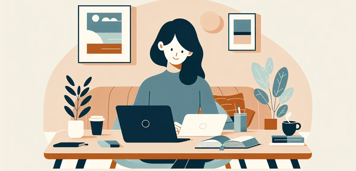 A woman studying at a desk with notebooks and a laptop, a small plant nearby, cozy home environment,