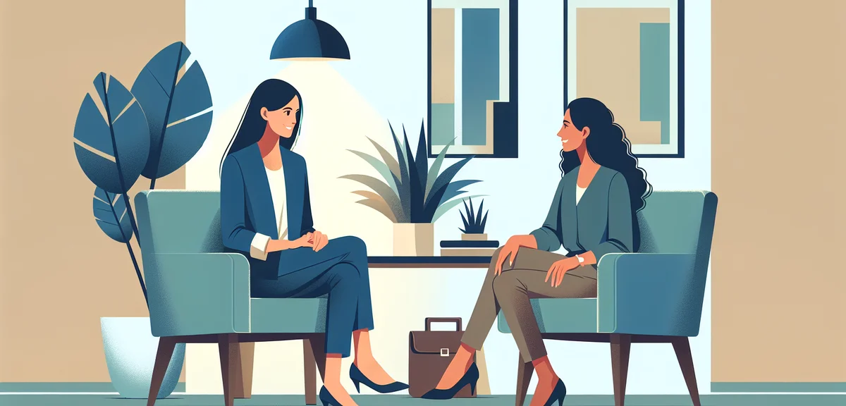 Two women having a friendly conversation at a career consultation office, relaxed atmosphere, flat i
