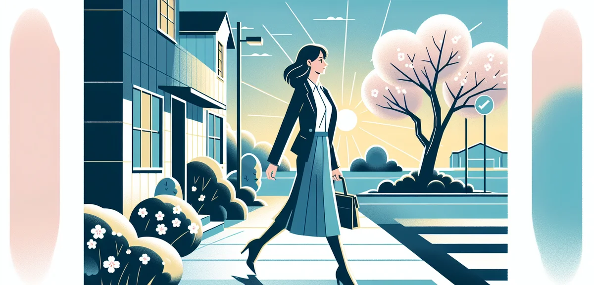 A woman confidently walking toward a small office building in a suburban town, cherry blossom trees