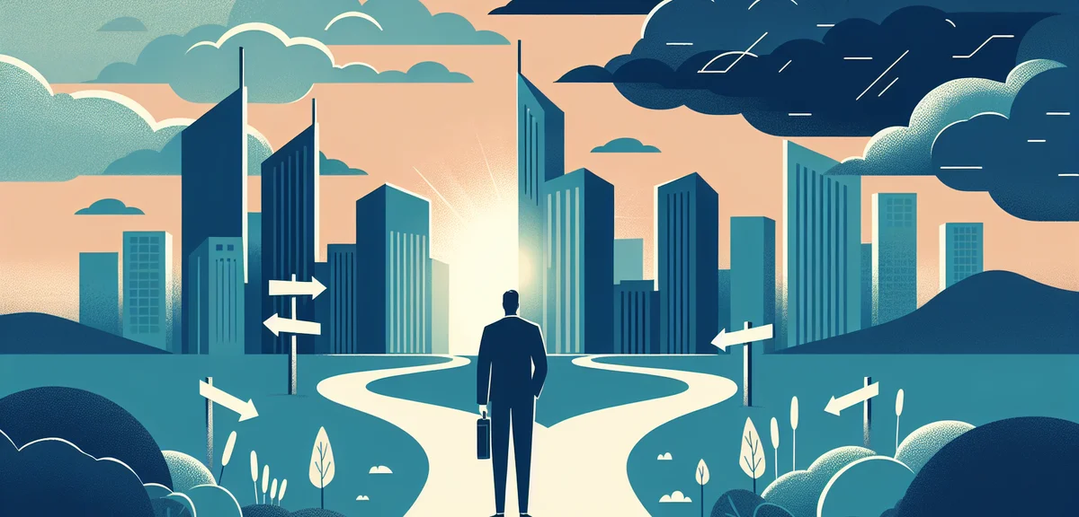 A person standing at a fork in the road, one path going uphill with a bright sky, the other going do