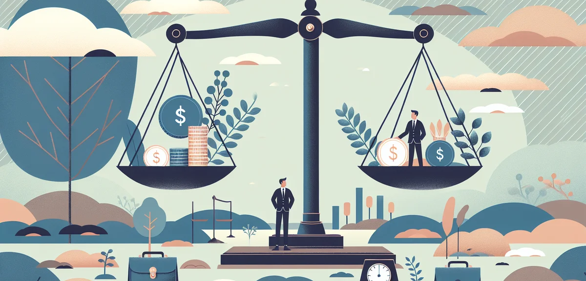 A balance scale with coins on one side and icons representing health, family, and growth on the othe