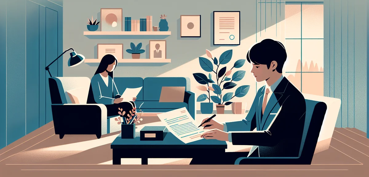 A person at a desk reviewing documents and comparing two job offer letters side by side, cozy home o