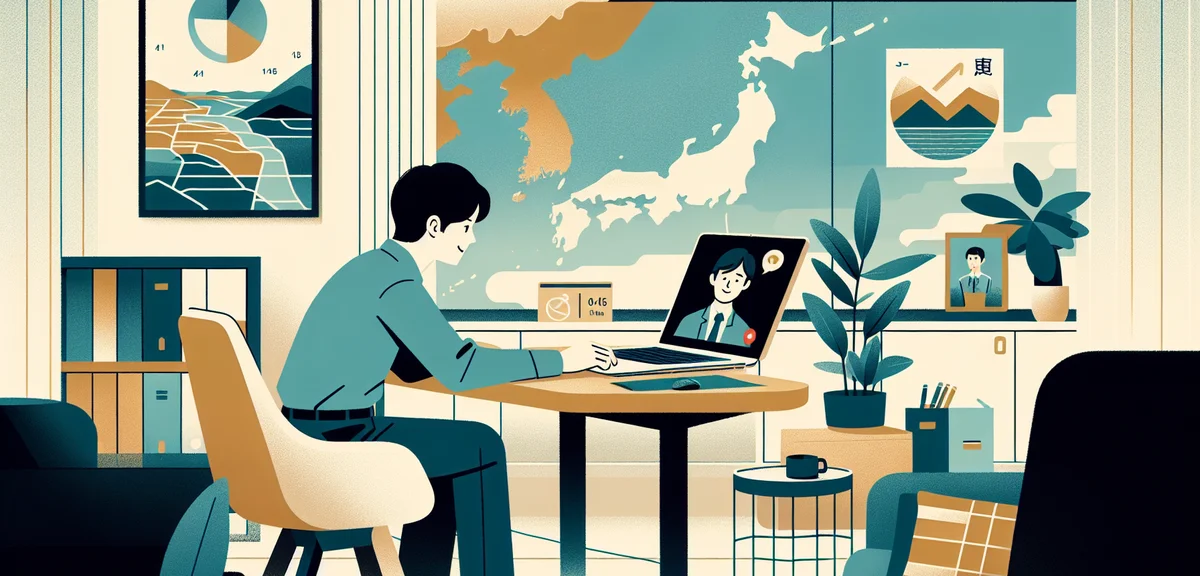 A Japanese person having a video call meeting on a laptop in a home office, with a map of Kyushu reg