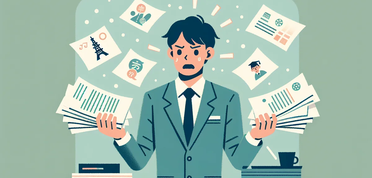 A person looking confused while receiving multiple job offer documents, some marked with Tokyo Tower
