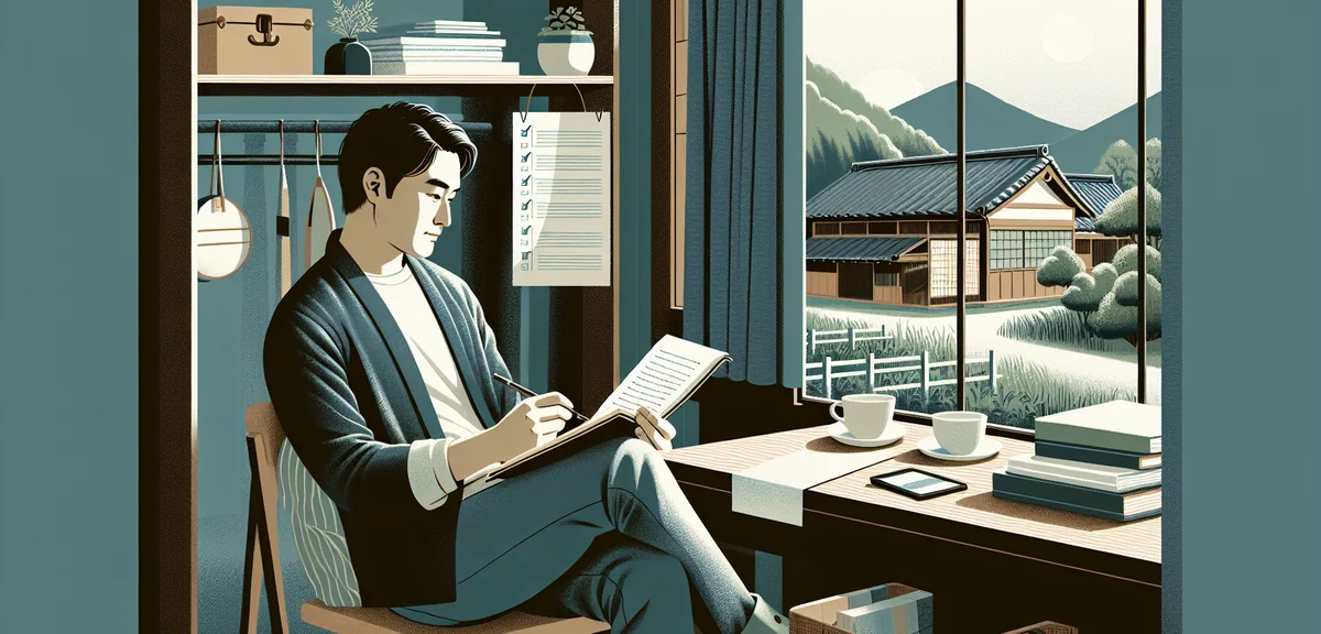 A person calmly writing notes in a notebook with a checklist, sitting in a comfortable home environm