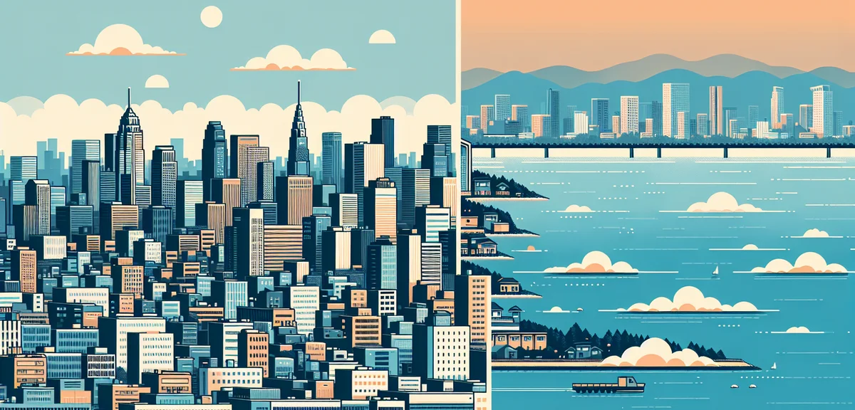 A split-screen comparison of a dense crowded Tokyo cityscape on the left and a relaxed Fukuoka seasi