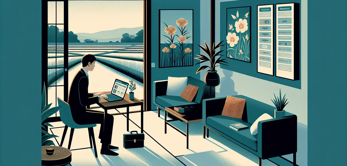 A person studying job listings on a laptop in a cozy Japanese-style room with a view of rice fields