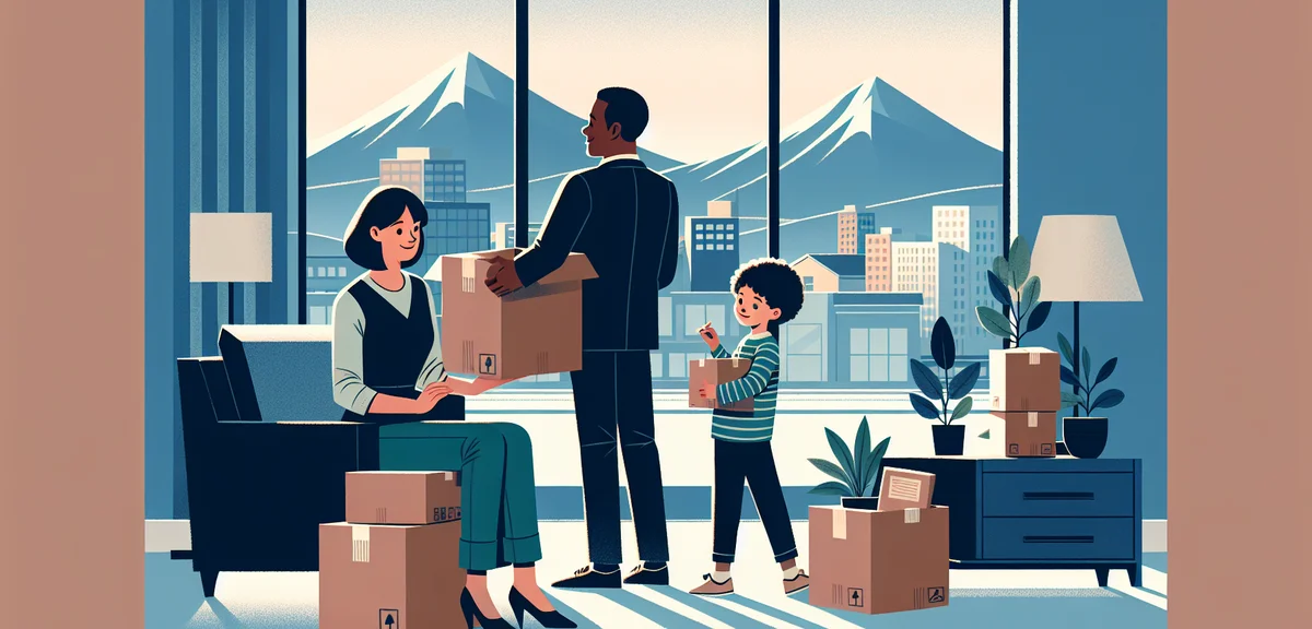 A family of three happily unpacking boxes in a spacious house with mountains visible through the win