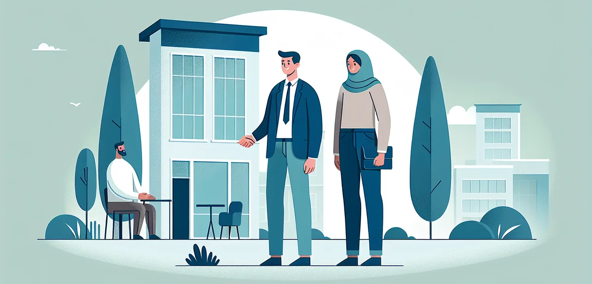 A person shaking hands with a local business owner in front of a small modern office building surrou