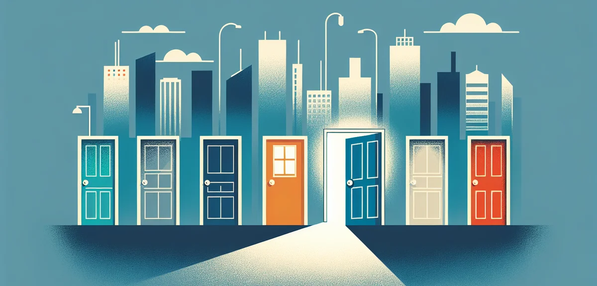 Several doors in a row each painted a different color representing different industries, one door is