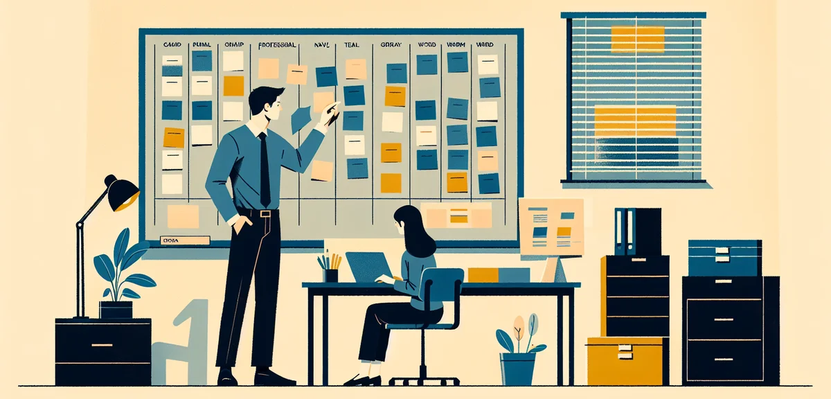 A person organizing sticky notes on a board doing a skill inventory, warm office setting, flat illus