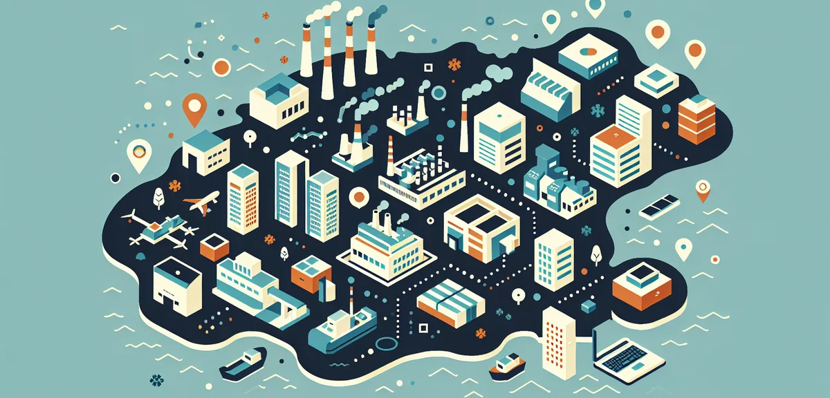 A map of Kyushu island Japan with small icons of factories offices and tech buildings scattered acro