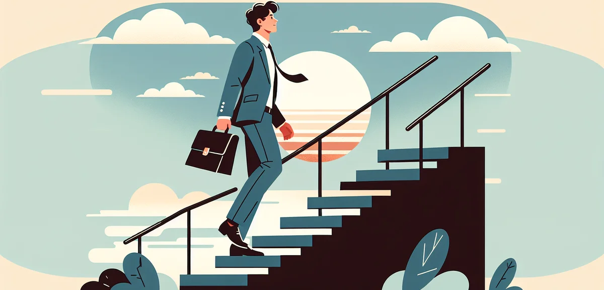 A person taking a confident first step on a staircase leading upward with a sunrise in the backgroun