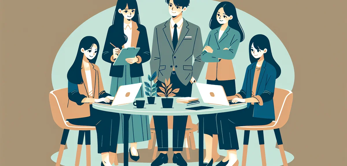 A small team of four people collaborating closely around a table with laptops, friendly atmosphere, 