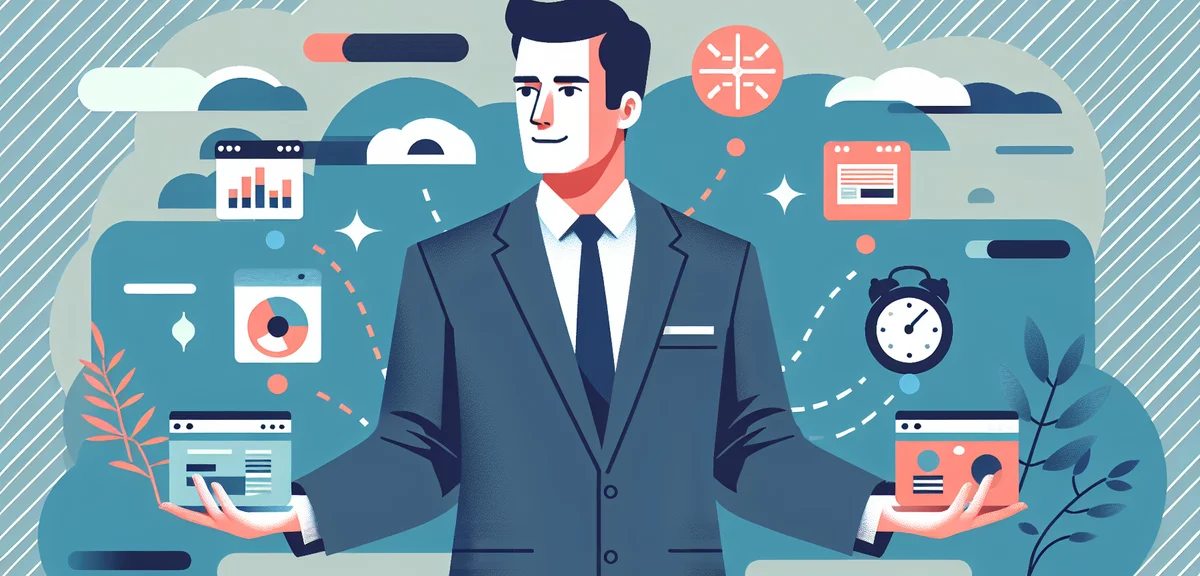 A person juggling multiple tasks represented by different icons like design, marketing, coding, flat