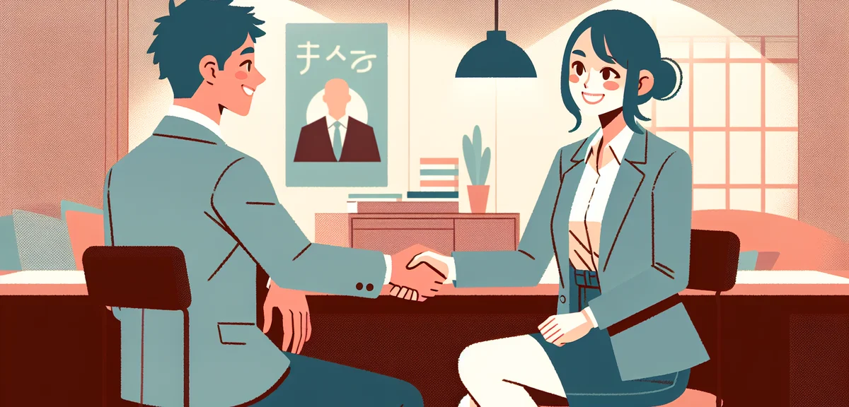A person shaking hands with a company president in a small friendly office, warm lighting, flat illu