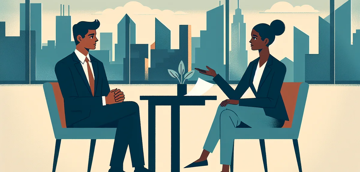 A person listening to a business agent across a desk, the agent smiling confidently while the person