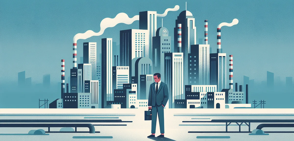 A person standing in front of a large unfamiliar factory building looking lost and small, flat illus