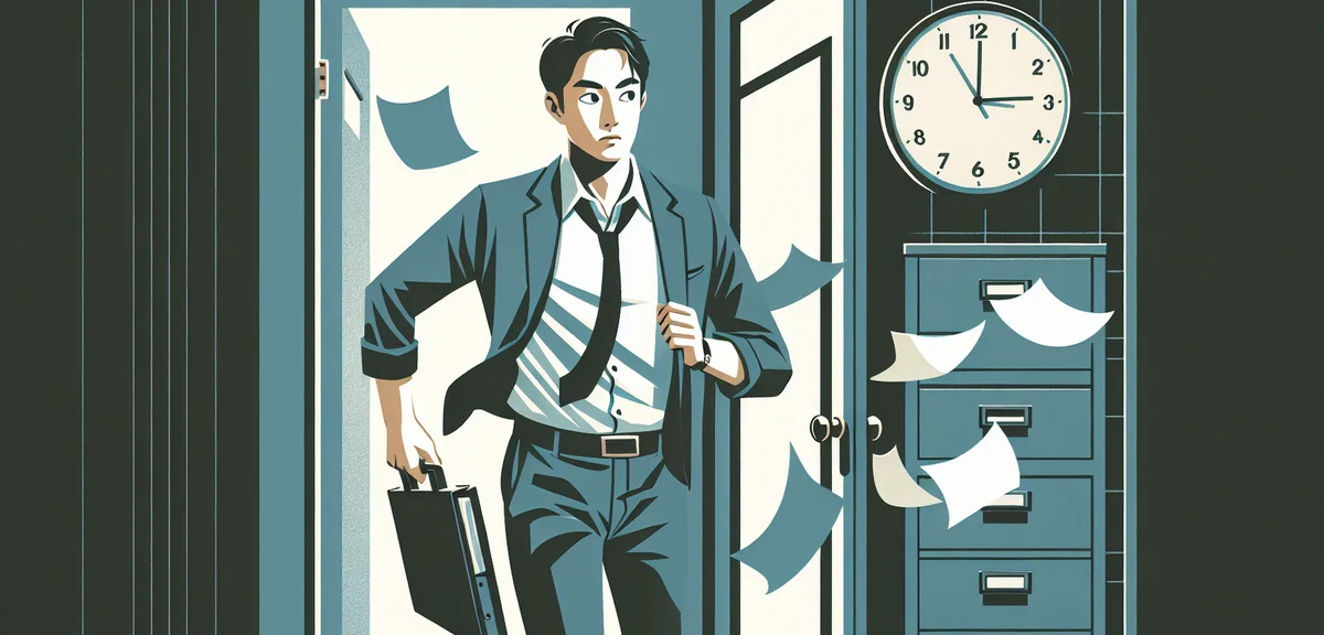 A person rushing through a doorway while papers fly behind them, clock showing urgency, flat illustr