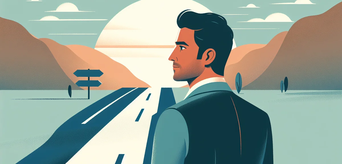 A person walking on a road looking back at past crossroads with a calm confident expression, sunrise