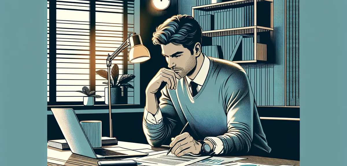 A man sitting at a desk reviewing documents and a laptop, thinking deeply with hand on chin, warm in