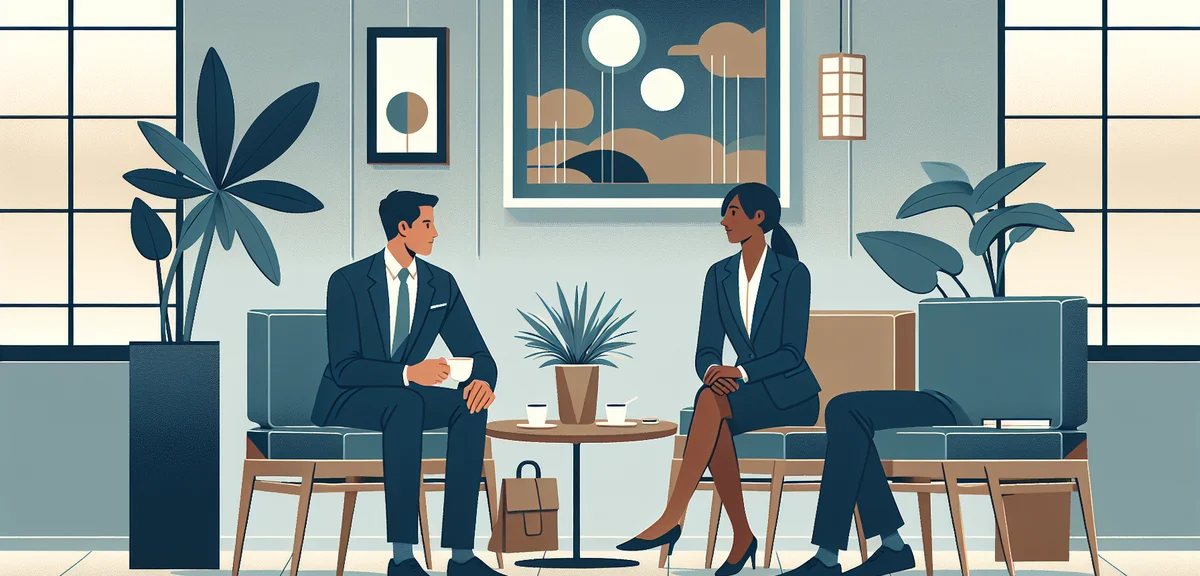 Two business professionals in their 30s having a discussion over coffee in a modern office lounge, r