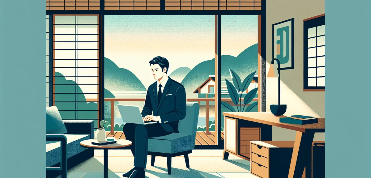 A man working on a laptop in a cozy home office in a suburban Japanese town, green hills visible thr