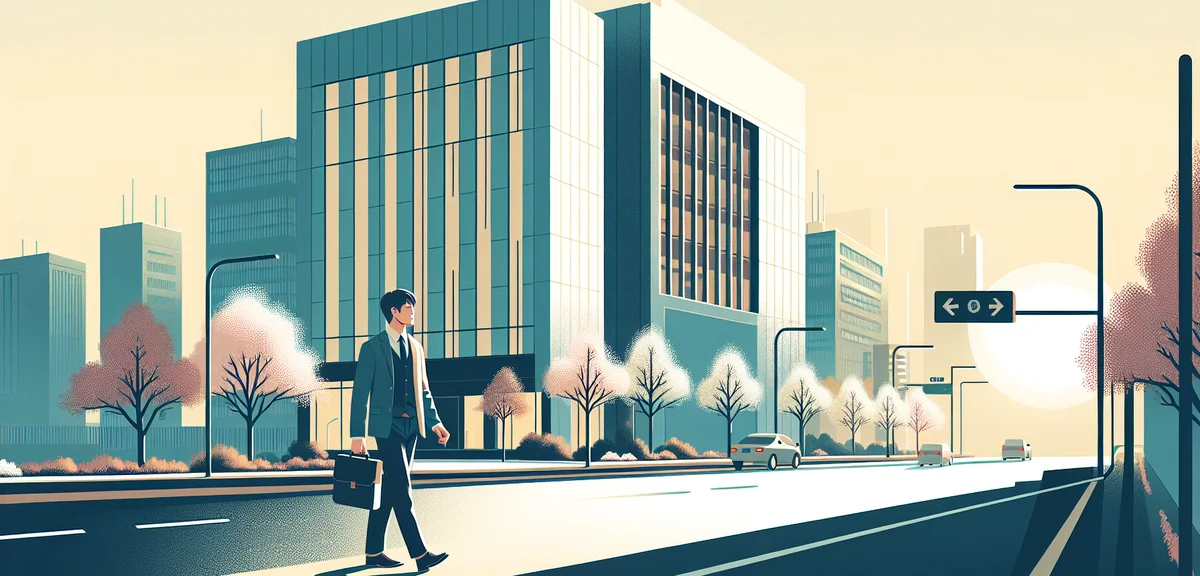 A man walking confidently toward a small-to-mid-sized office building in a Japanese regional city, m