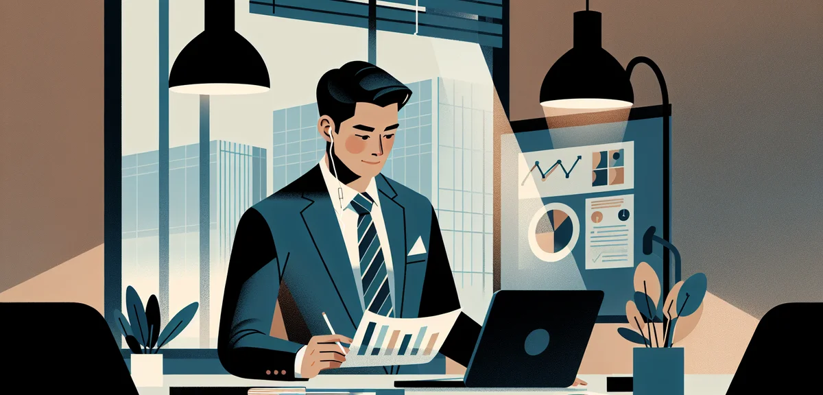 A confident professional in their 30s reviewing a career plan at a desk with charts and notes, warm 