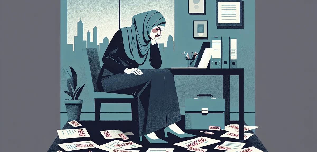 A person looking discouraged slumped at a desk with rejected application letters, muted grey and blu