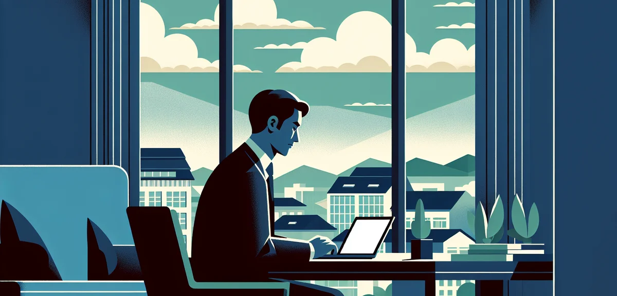 A man working on a laptop in a cozy office in a Japanese regional city, green hills and rooftops vis