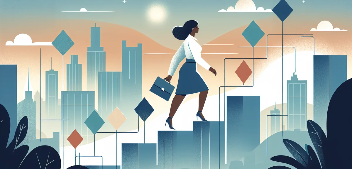 A person climbing steps labeled with milestones toward a bright horizon, uplifting warm colors, flat