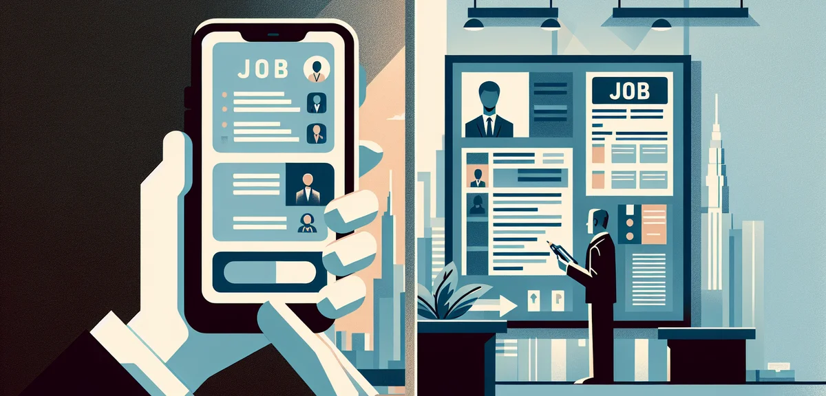 A split comparison of a smartphone showing a job search app on the left and a physical job listing b