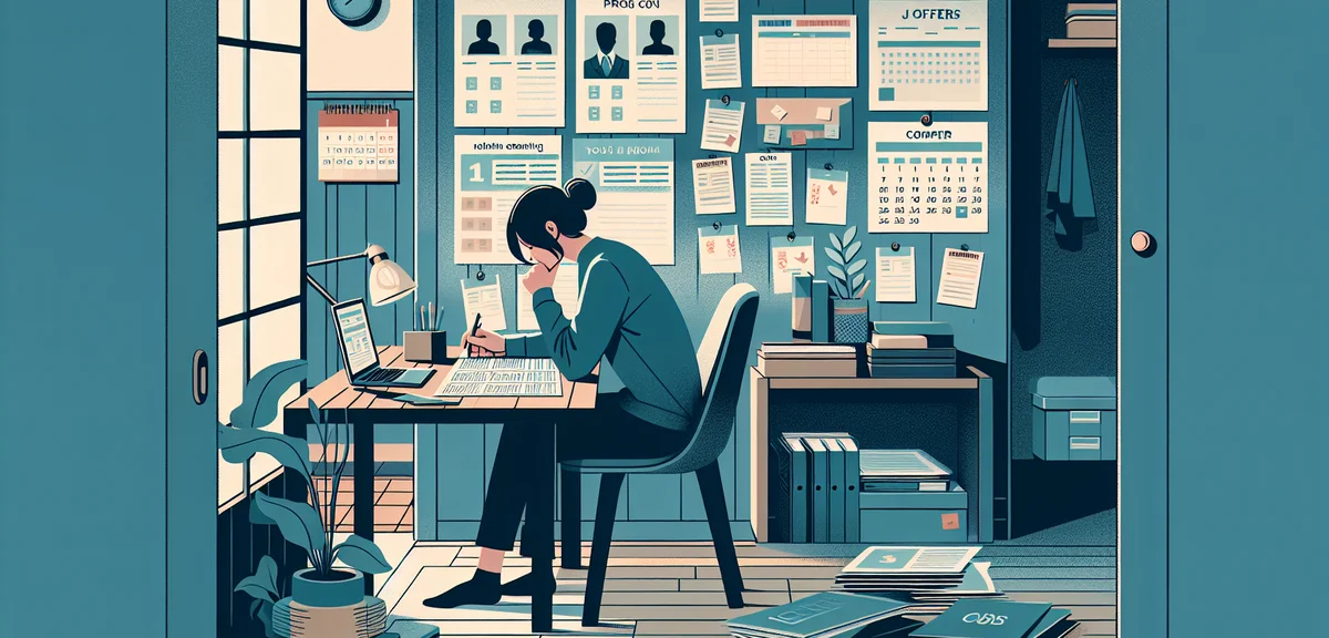 A person sitting at a desk making notes while comparing multiple job offer documents, with a calenda