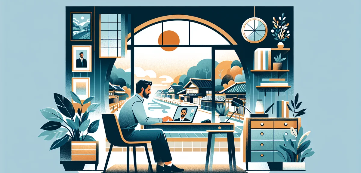 A person having a video call interview on a laptop in a home office, with a rural Japanese town visi