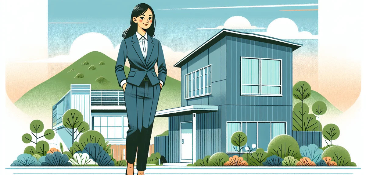 A person confidently walking toward a small modern office building in a Japanese suburban area with