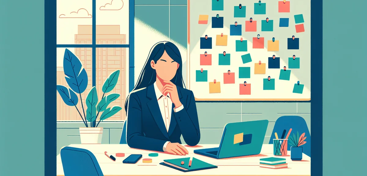 A woman in her 30s reviewing career options on a whiteboard with colorful sticky notes, bright offic