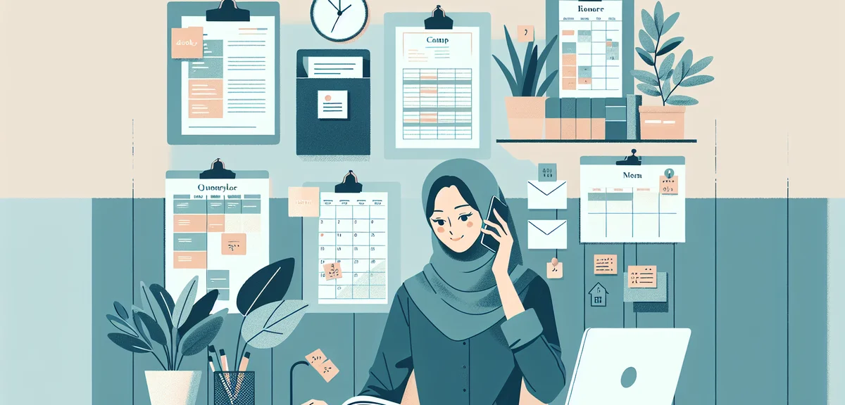 A woman balancing work documents and a family calendar side by side, warm home office setting, flat 