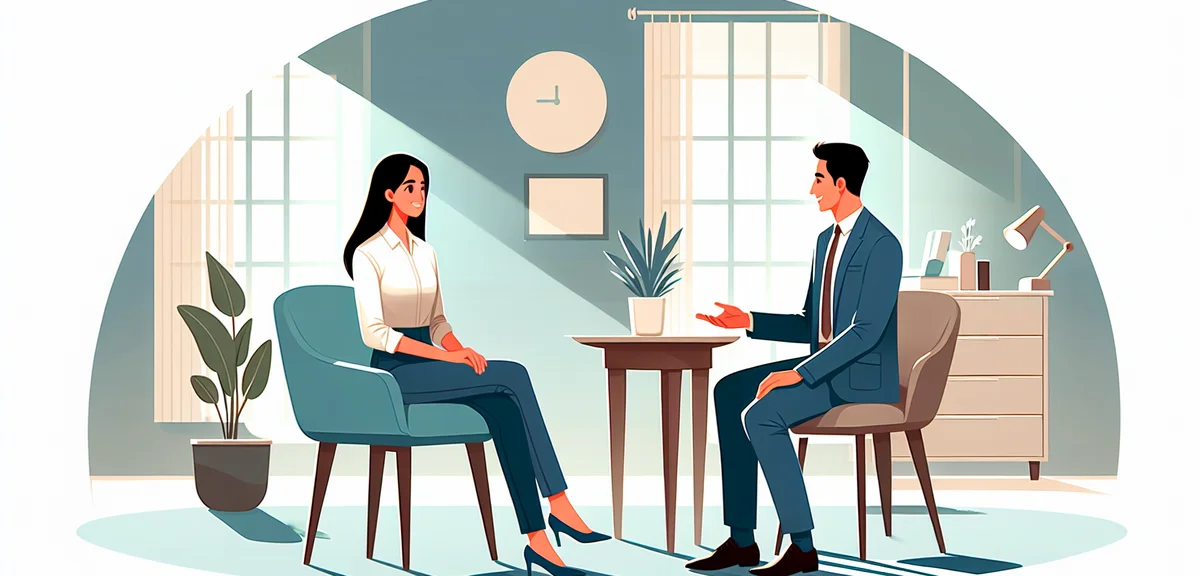 A woman having a positive conversation with a career advisor in a bright consultation room, flat ill