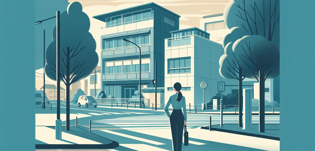 A woman walking confidently along a tree-lined street toward a small office building in a Japanese r