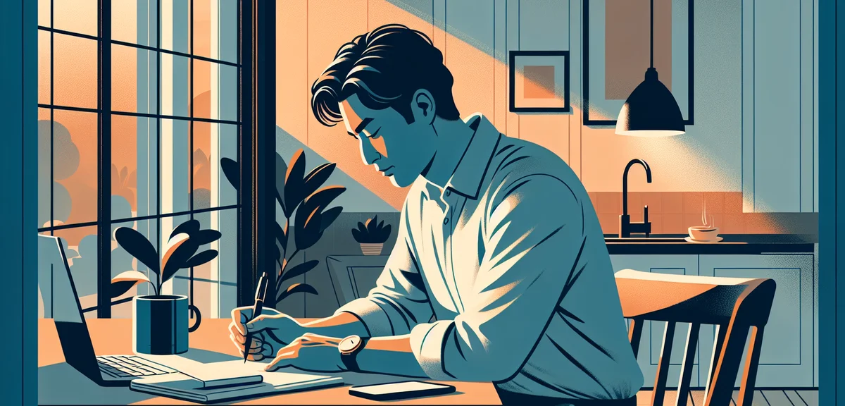 A man sitting at a kitchen table writing notes with a pen and notebook, casual home clothes, warm ev